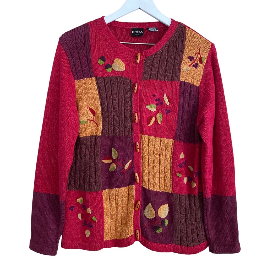 Erika‎ Colorful Crochet Color Block Floral Long Sleeve Wood Toggle Sweater Large
